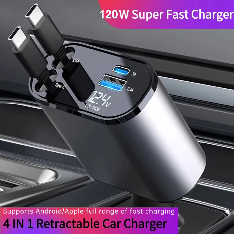 4 In 1 Super Fast Charging Voltage Display Car Charger (With Free Home Delivery)