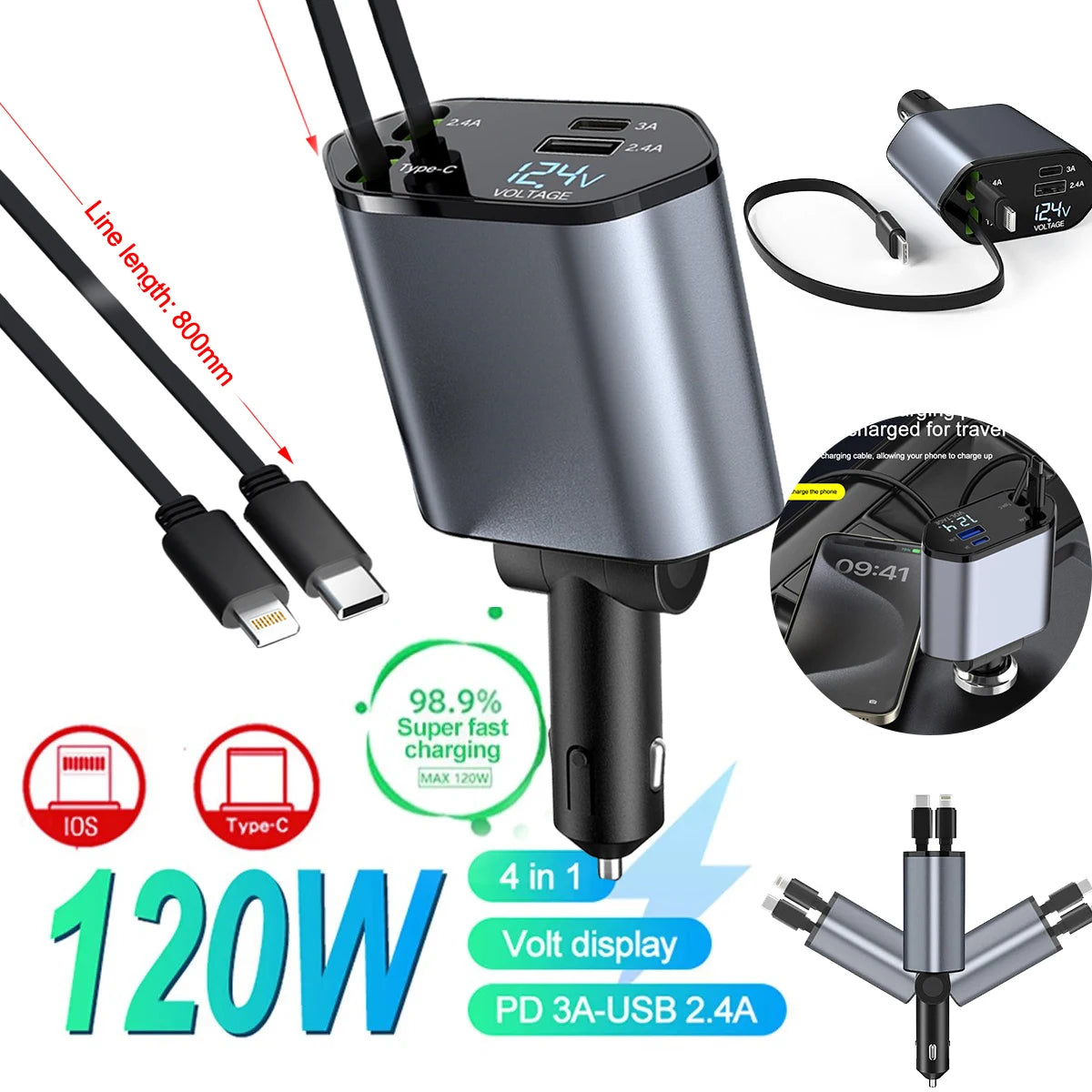 4 In 1 Super Fast Charging Voltage Display Car Charger (With Free Home Delivery)