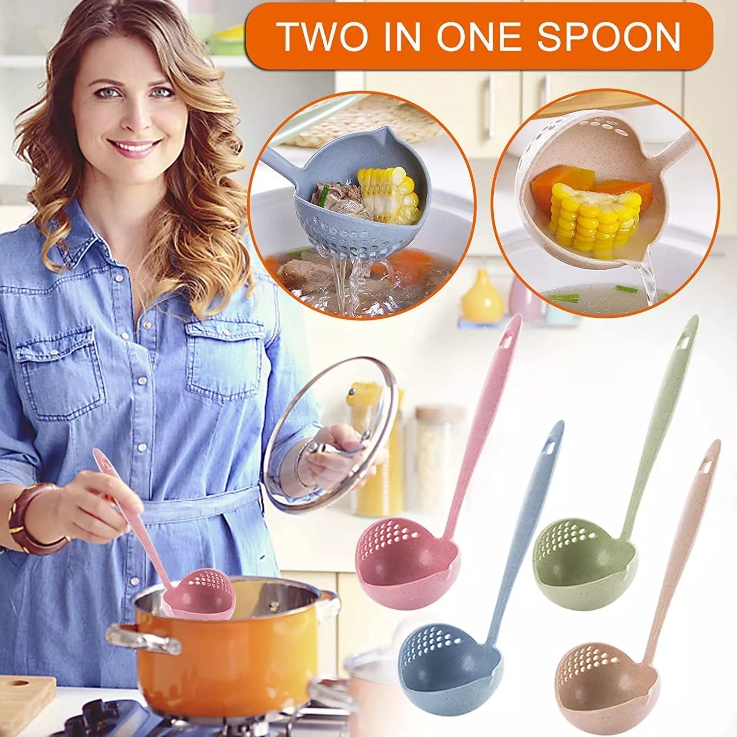 (Pack of 2) 2 In 1 Long Handle Soup Spoon Home Strainer Cooking Colander Kitchen Scoop Plastic Ladle Tableware Sifter